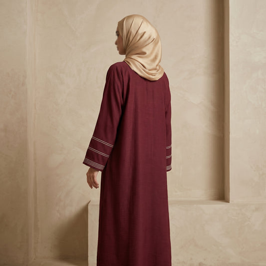 Deep Burgundy Multi-Stripe Trim Abaya | Classic V-Neck Modest Dress