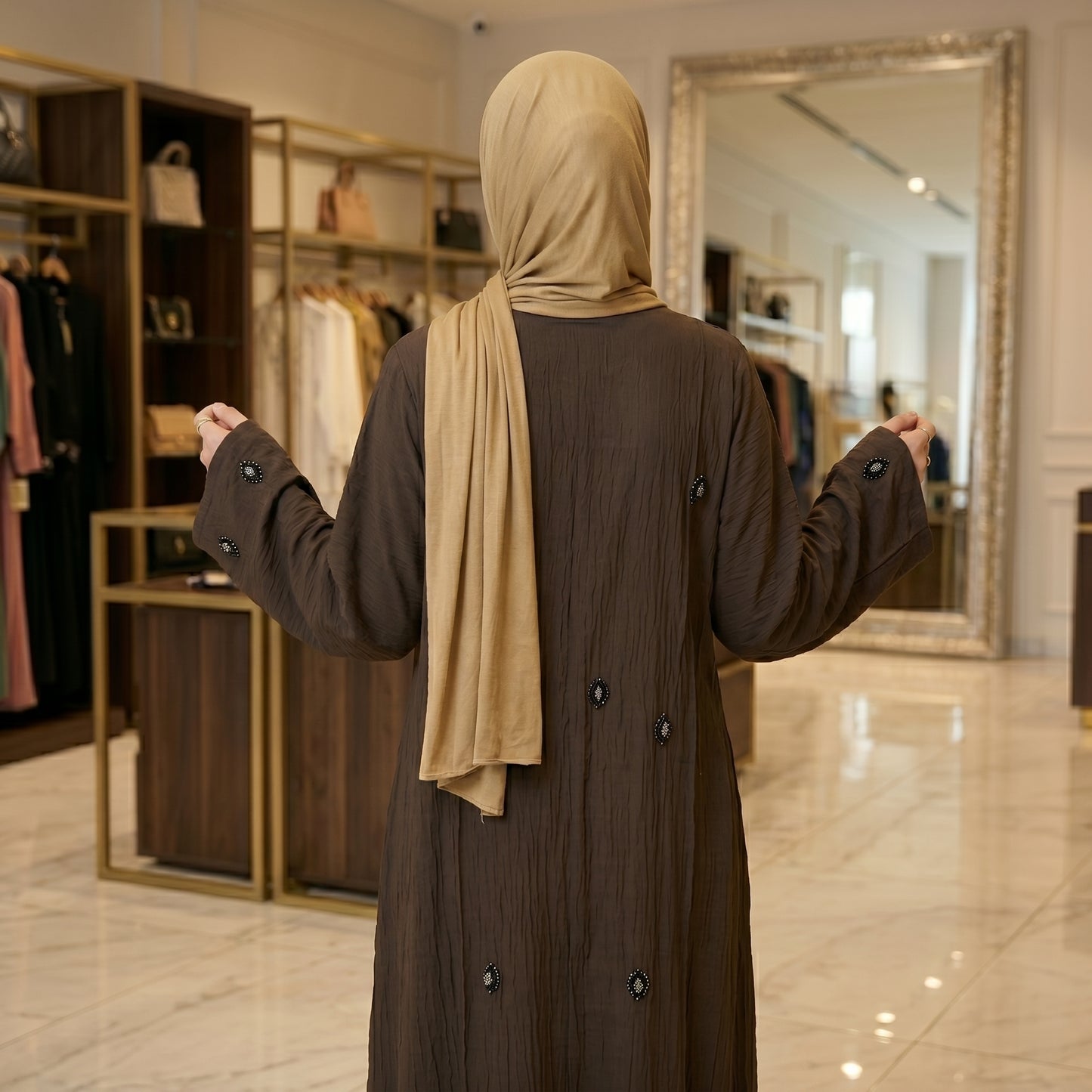 Dark Chocolate Jewel Button Abaya | Textured Crepe Open-Front Style