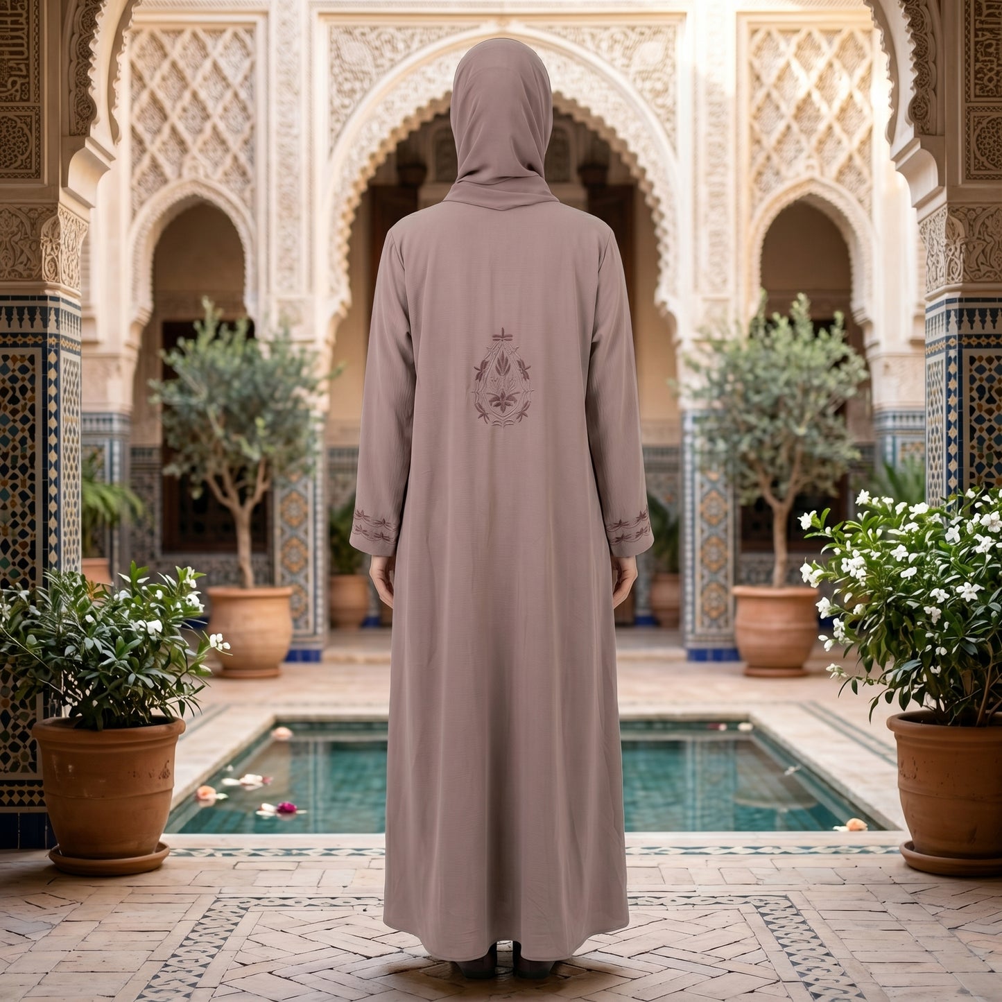 Blush Taupe Rose Embroidered Abaya | Flared Formal Modest Dress