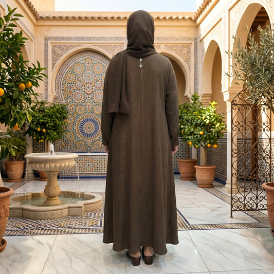 Olive Brown Pleated Embellished Abaya | Jewel Button Modest Occasion Wear