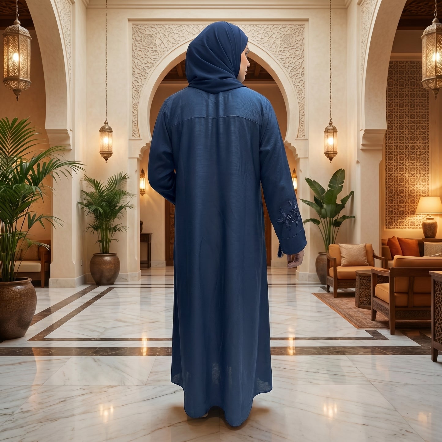 Steel Blue Cross Embroidered Abaya | Tassel Detail Moroccan Style