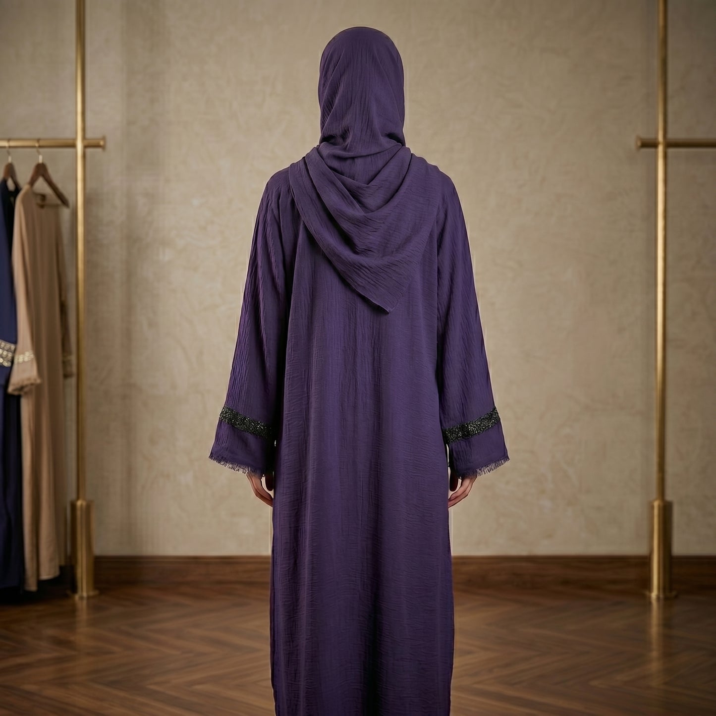 Deep Purple Lace Cuff Fringe Abaya | Textured Crepe Modest Dress