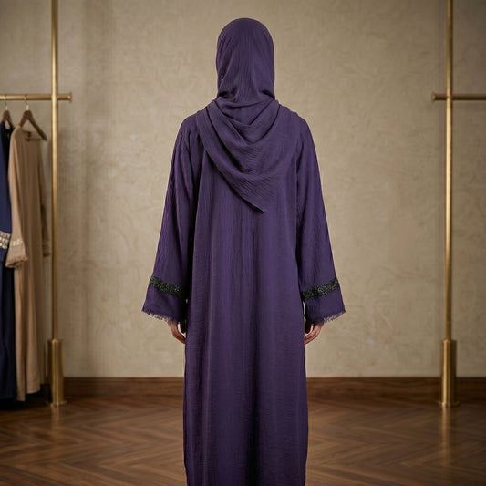 Deep Purple Lace Cuff Fringe Abaya | Textured Crepe Modest Dress