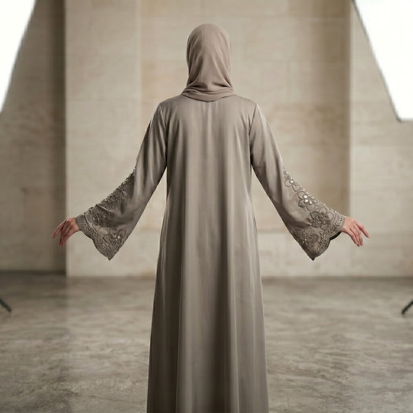 Taupe Beaded Embroidered Abaya with Hijab alternate view