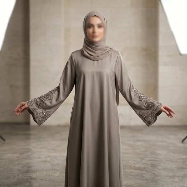 Taupe Beaded Embroidered Abaya with Hijab