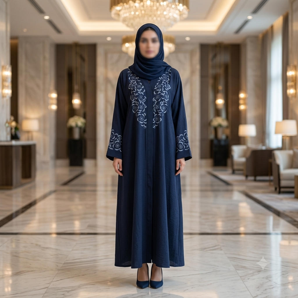Premium Navy Blue Embroidered Front Open Abaya – Model A3B2-J6