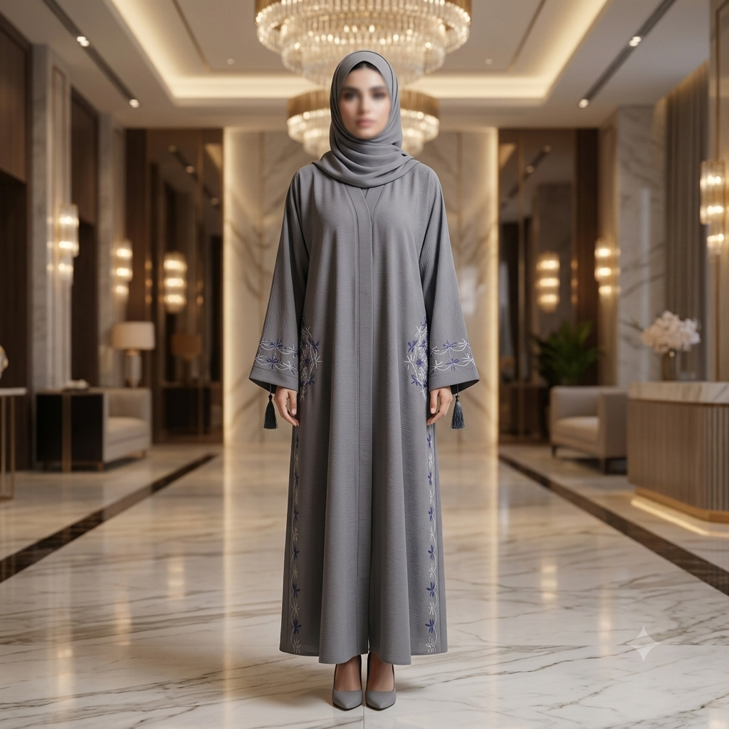 Luxury Grey Embroidered Closed Abaya with Tassels