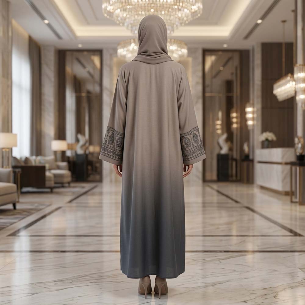 Mushroom Grey Embroidered Sleeve Front Open Abaya – A2D6-J6