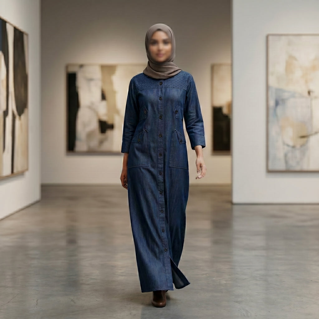Taupe Button-Front Embroidered Abaya