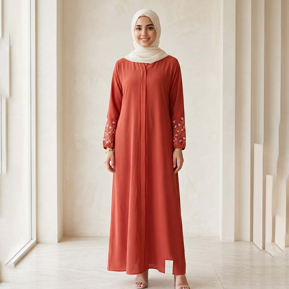 Terracotta Floral Embroidered Closed Front Abaya