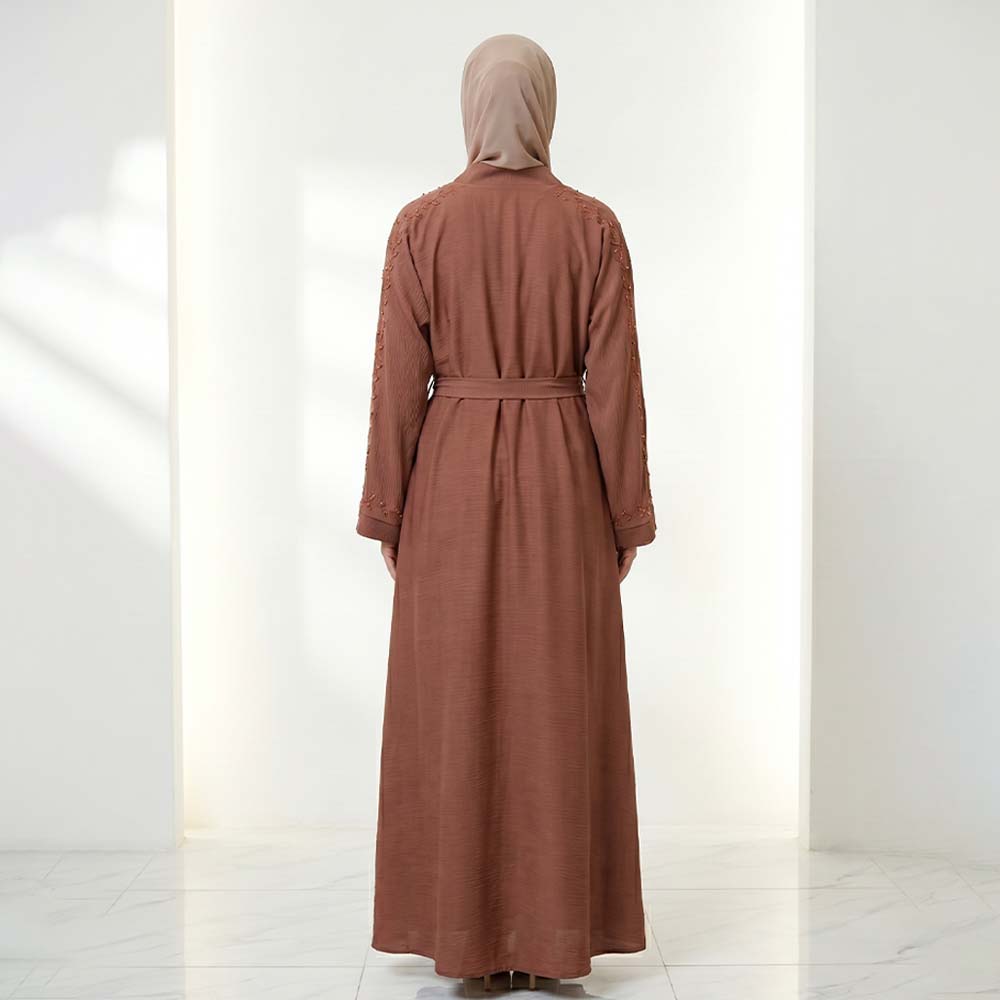 Rust Terracotta Beaded Abaya with Belt