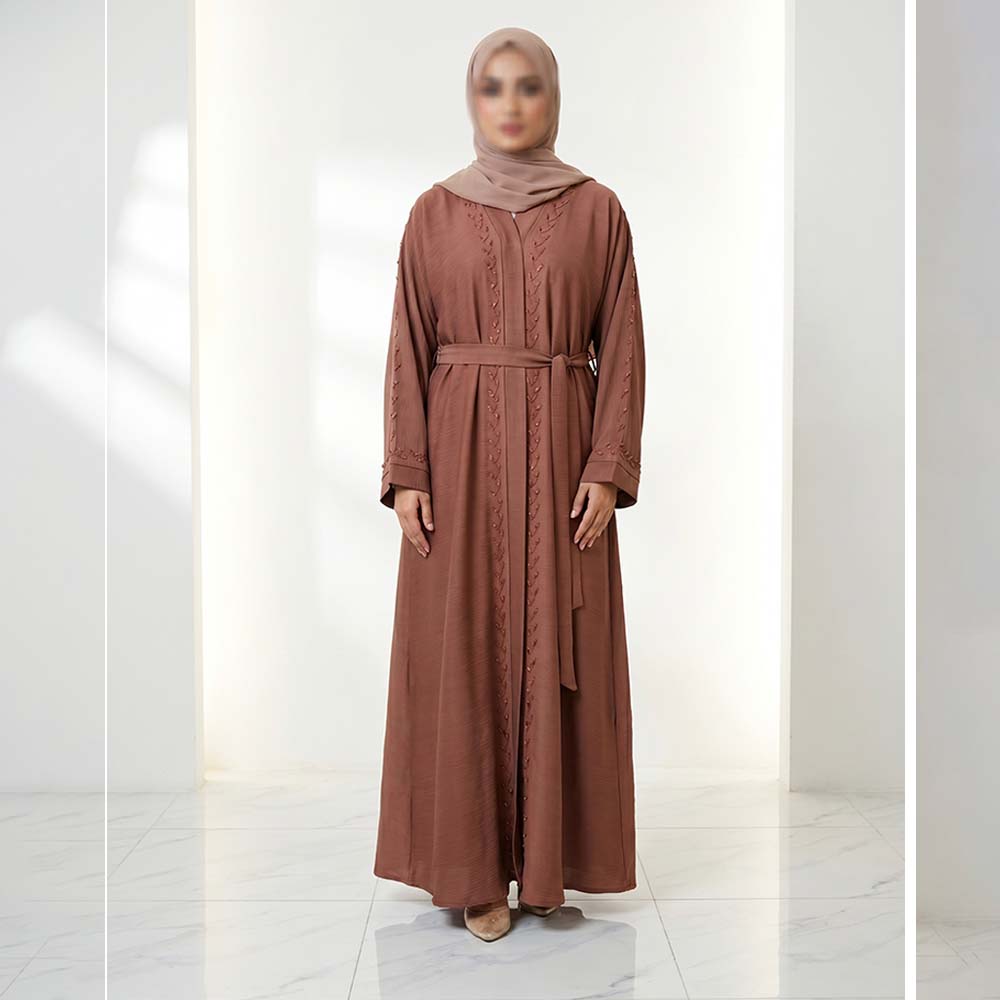Rust Terracotta Beaded Abaya with Belt