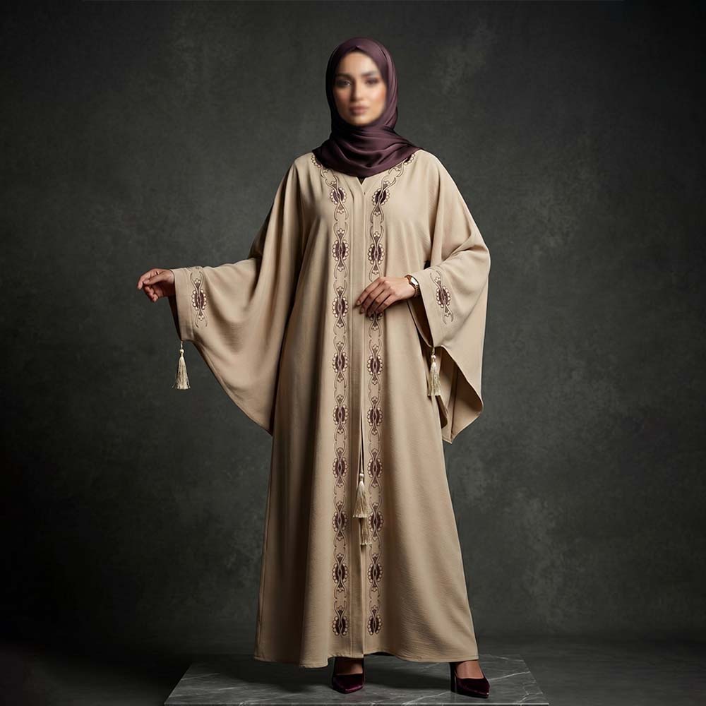 Beige Kaftan-Style Abaya with Tasseled Sleeves & Embroidered Placket