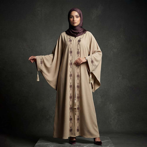 Beige Kaftan-Style Abaya with Tasseled Sleeves & Embroidered Placket