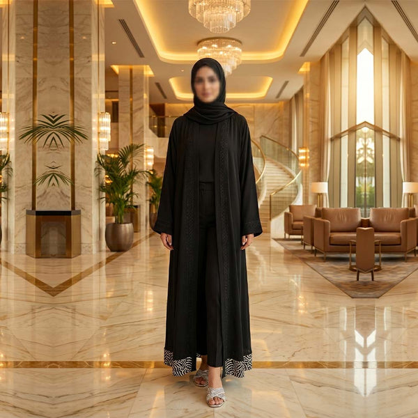 Black Front Open Embroidered Abaya with Printed Hem