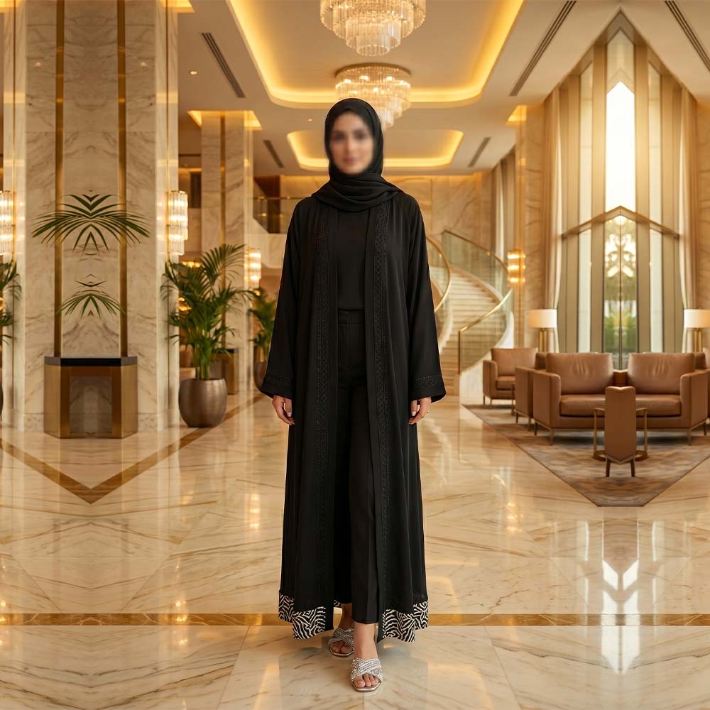 Black Abaya with Lace Trim & Zebra Print Hem