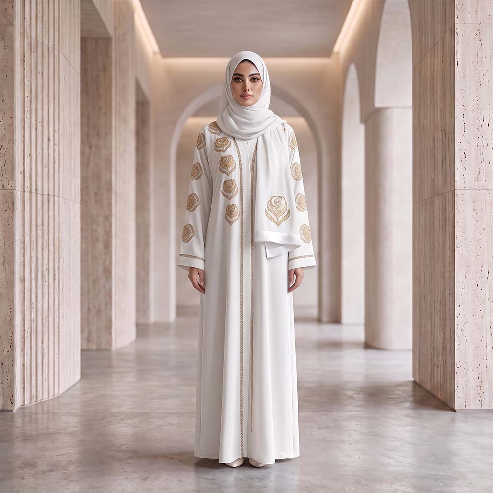 Ivory Embroidered Abaya with Attached Hijab