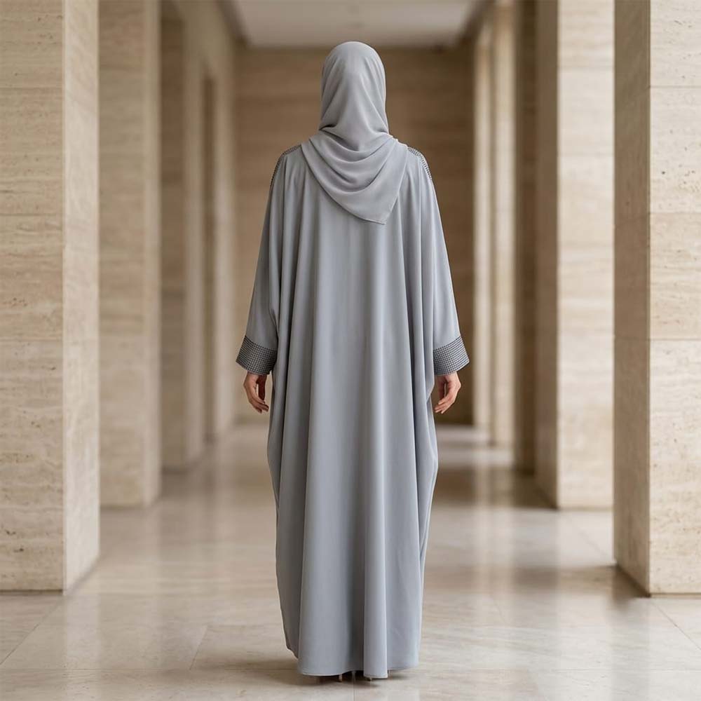 "Grey Kaftan Abaya with Hood & Chain Embroidery"