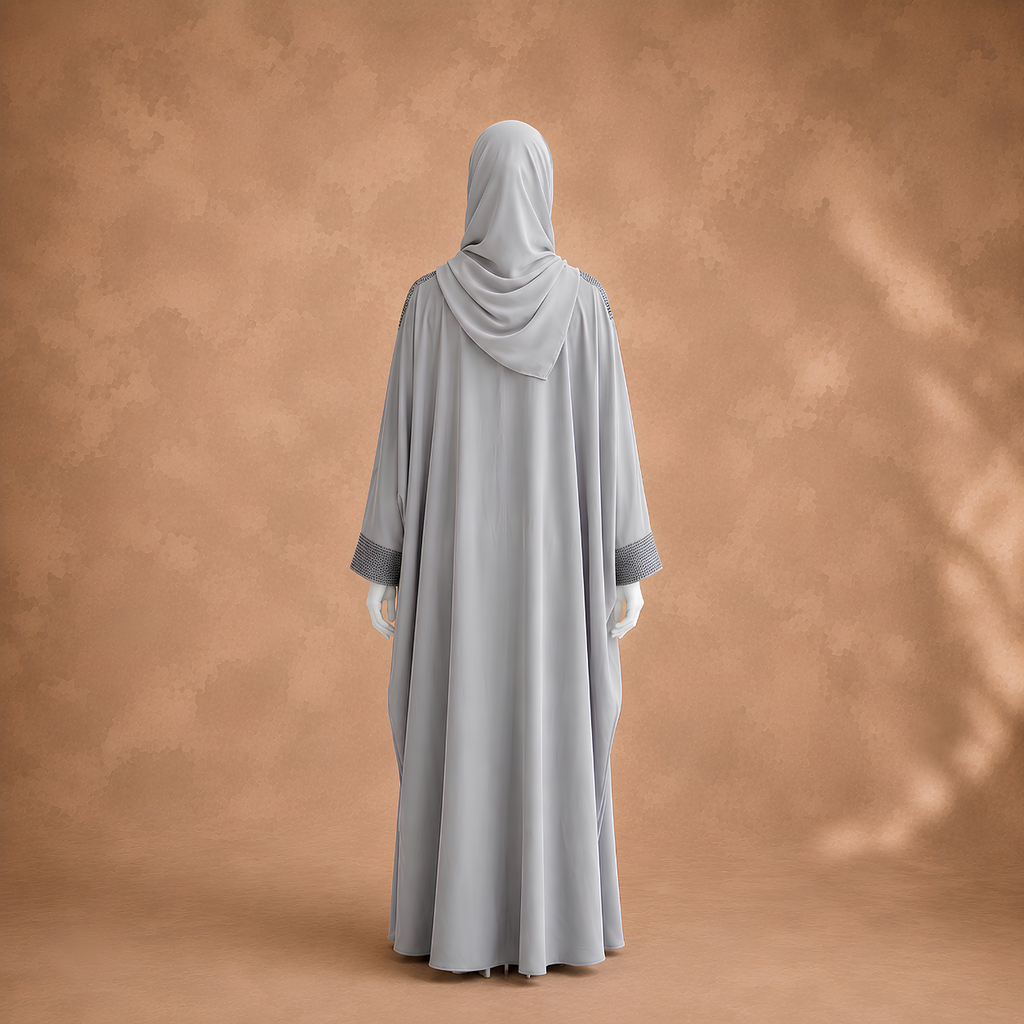 Grey Kaftan Abaya with Hood & Chain Embroidery
