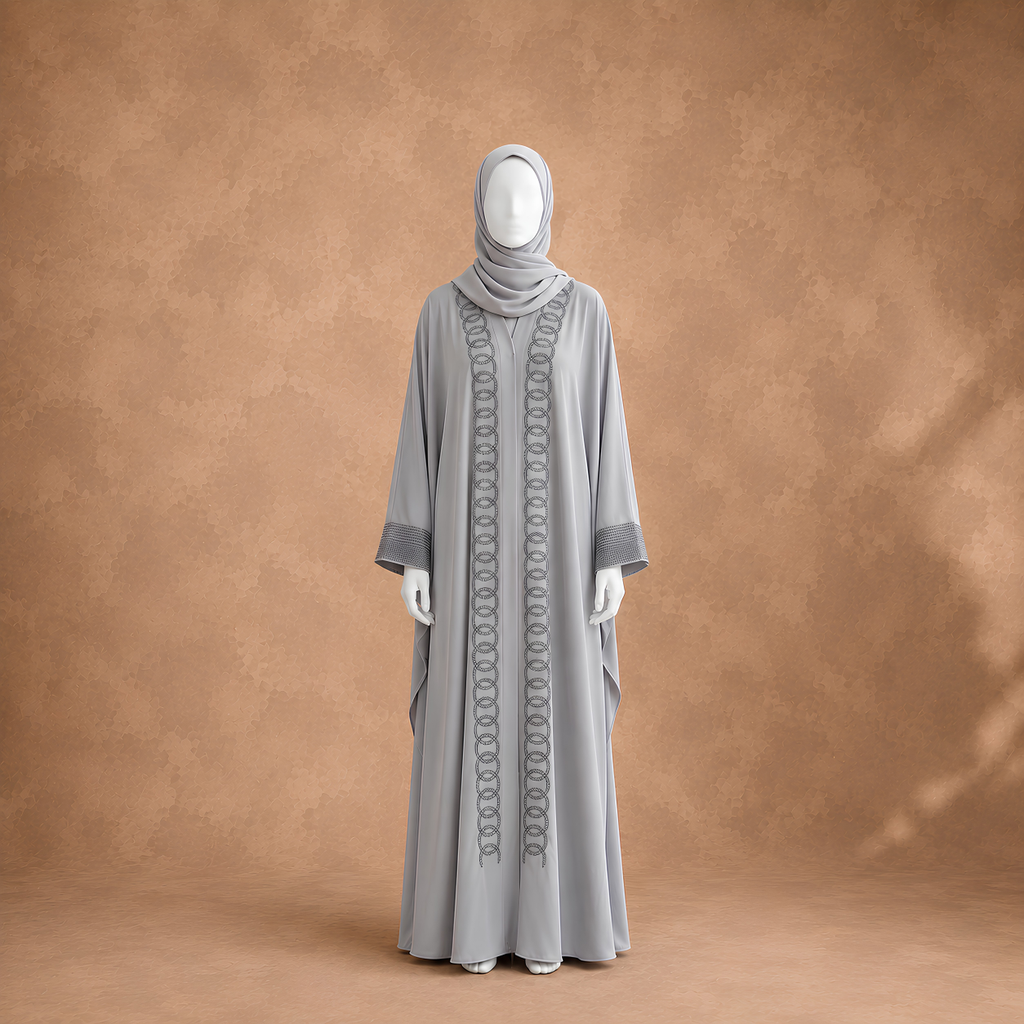 Grey Kaftan Abaya with Hood & Chain Embroidery