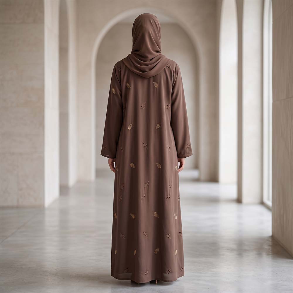 Mocha Brown Scattered Leaf Embroidered Abaya