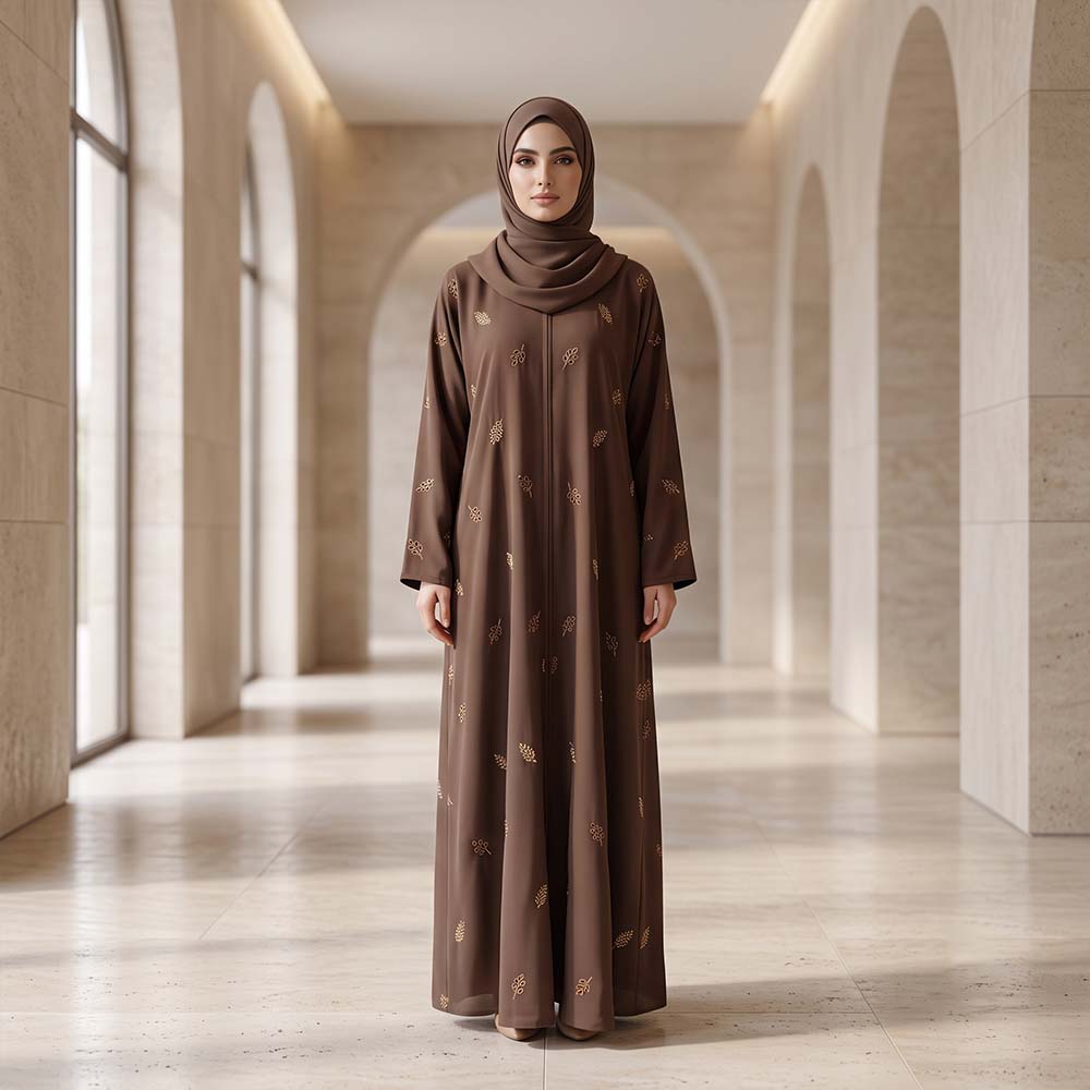 Mocha Brown Scattered Leaf Embroidered Abaya