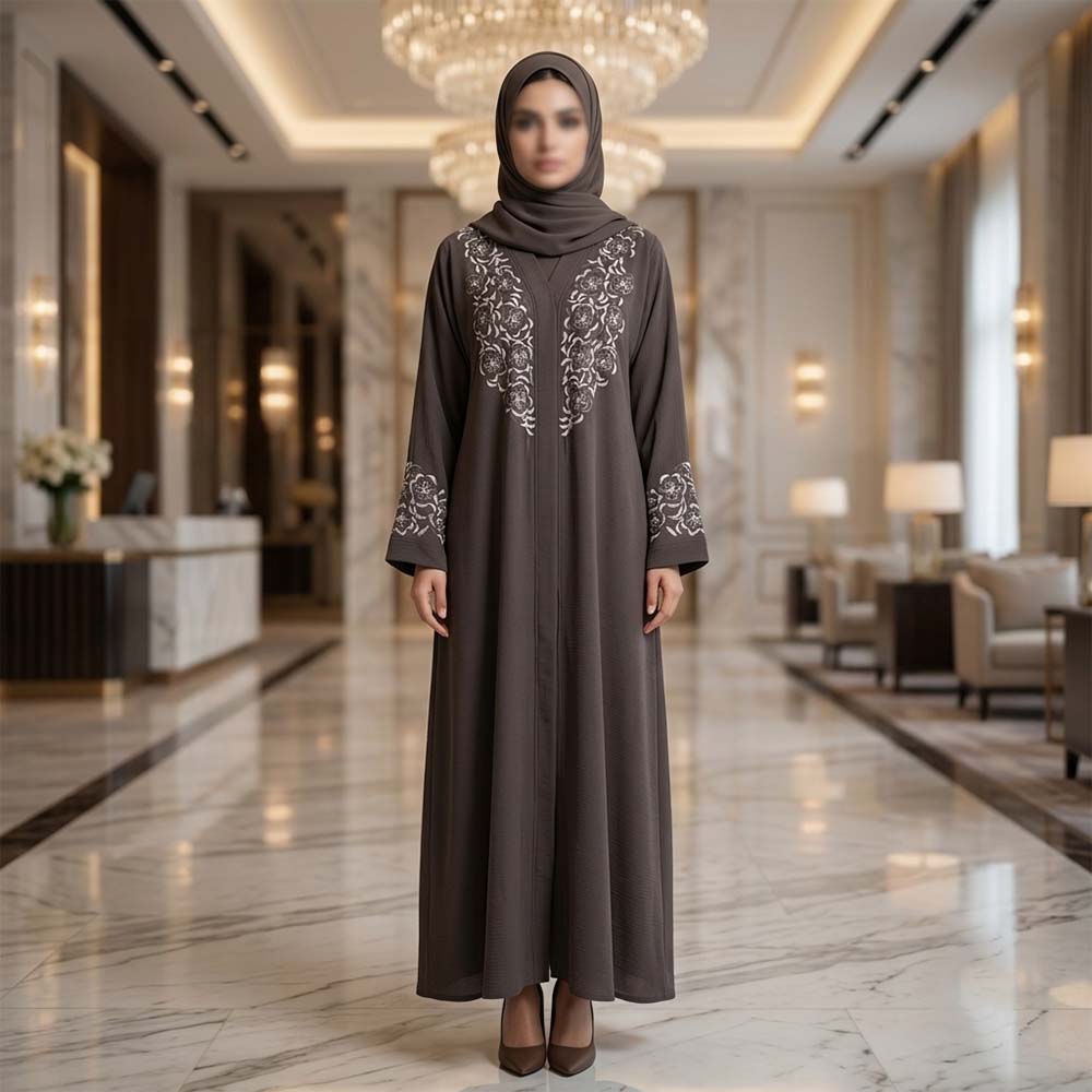 Coffee Brown Embroidered Open Front Abaya