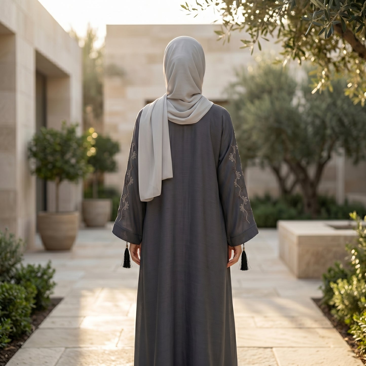 Charcoal Grey Embroidered Kimono Abaya | Tassel Cuff Outdoor Style