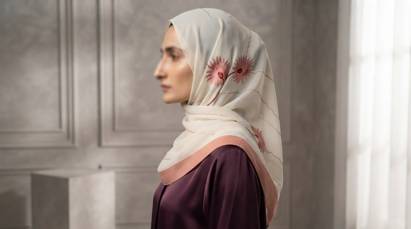 Miraal Premium Ivory Floral Embroidered Chiffon Hijab