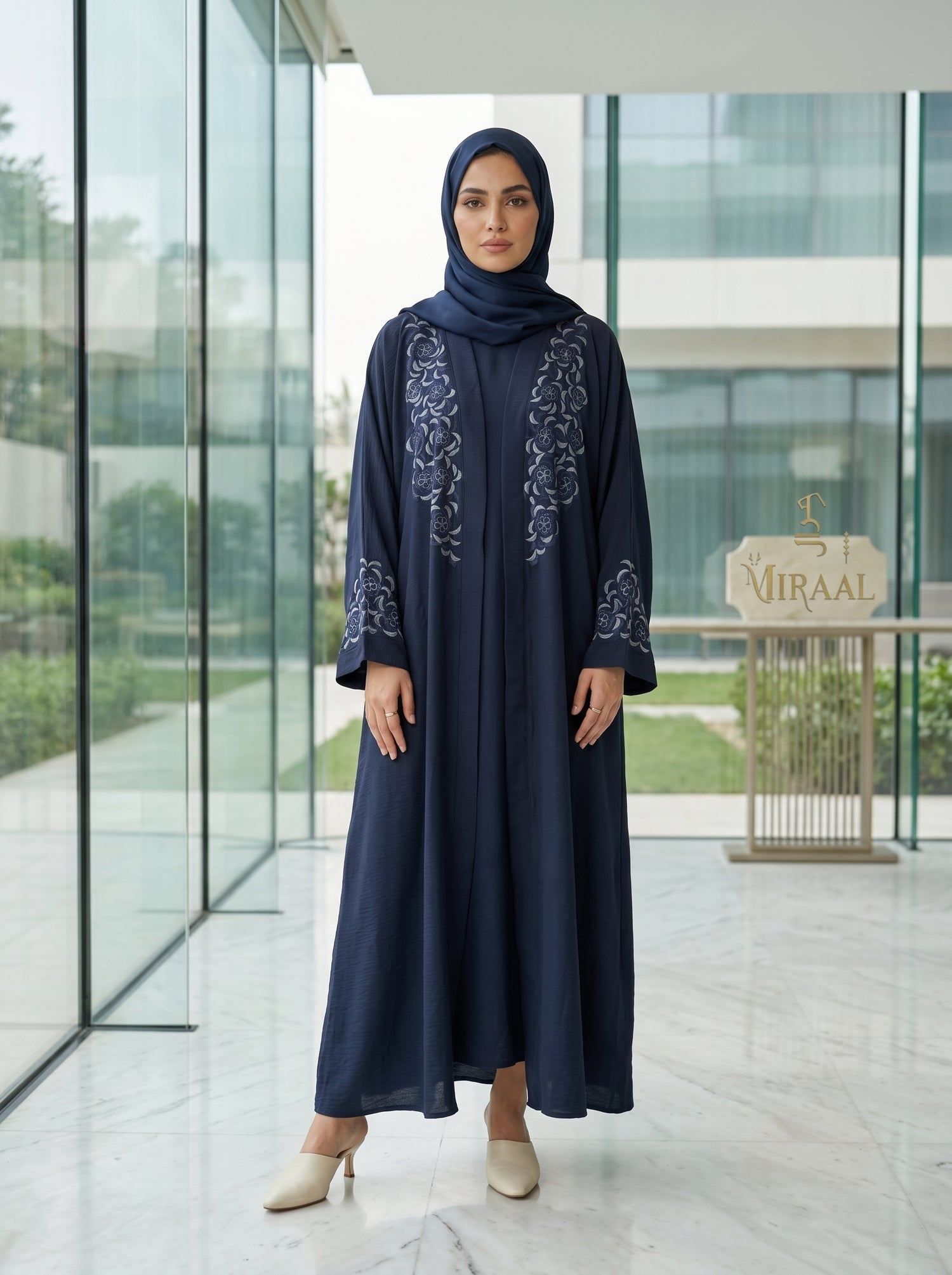 Navy Blue Embroidered Open Front Abaya