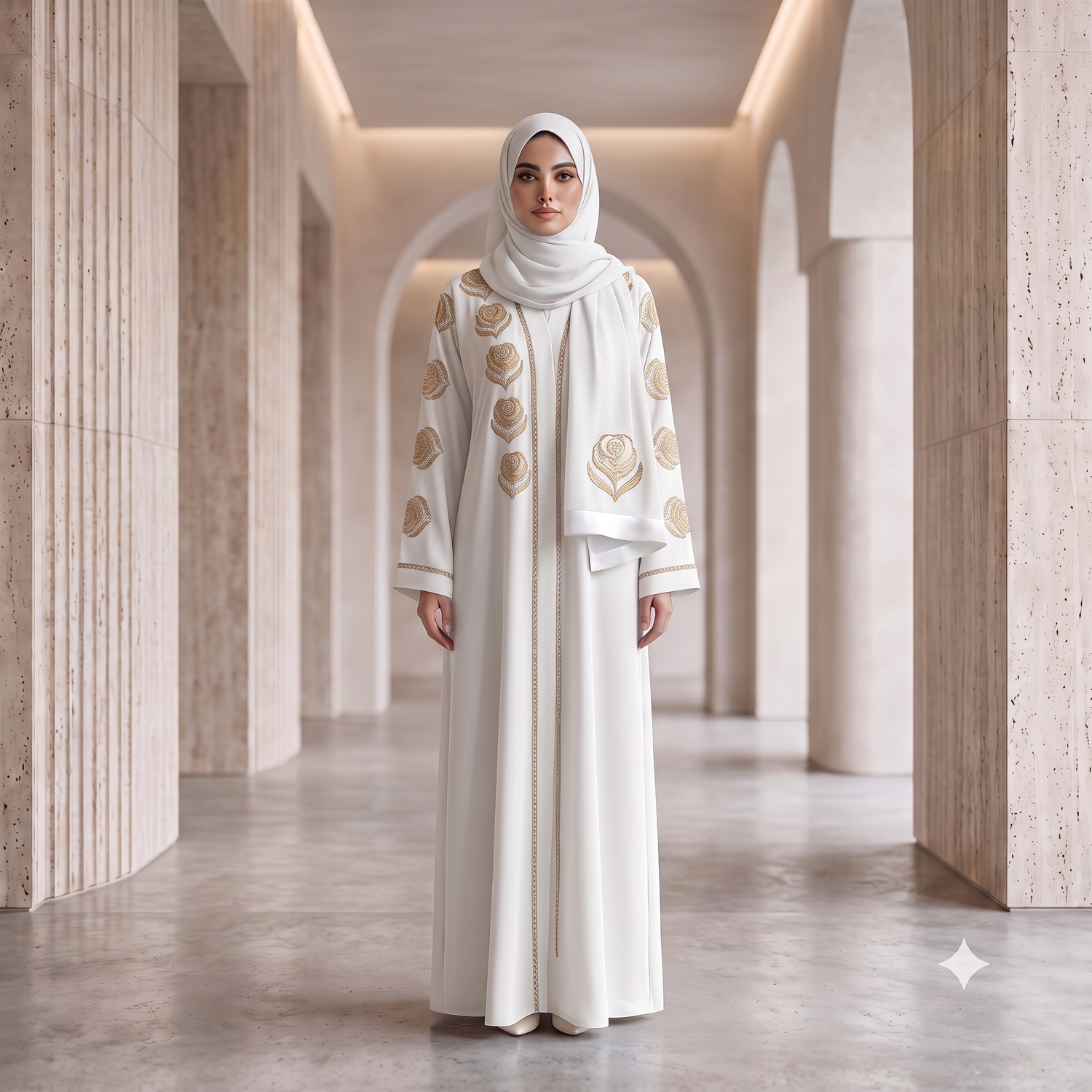 Luxury White Nida Abaya with Gold Embroidery & Crystal Handwork | A3B3-J6