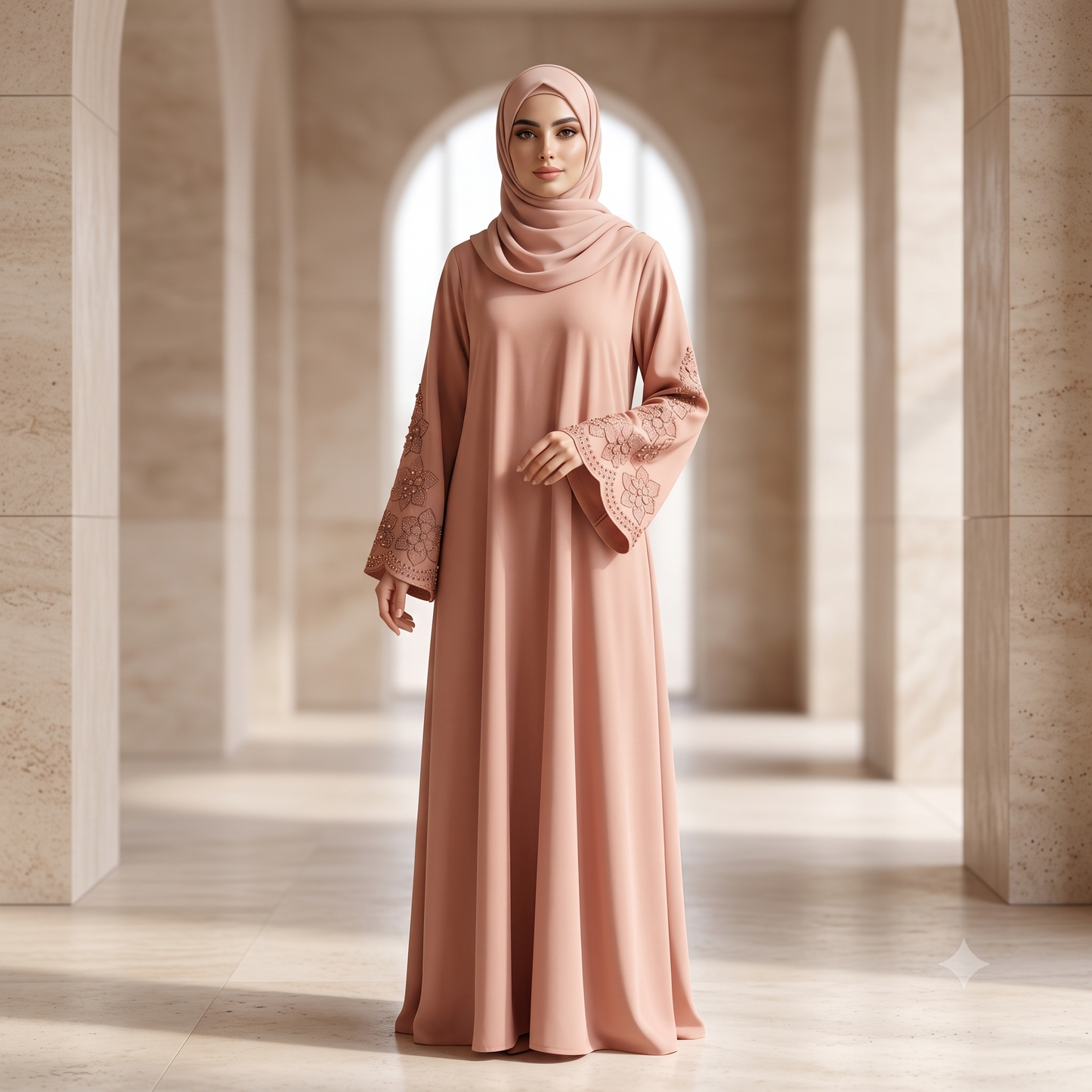 Elegant Embroidered Sleeve Abaya – Dusty Peach | Model A3B7-J6