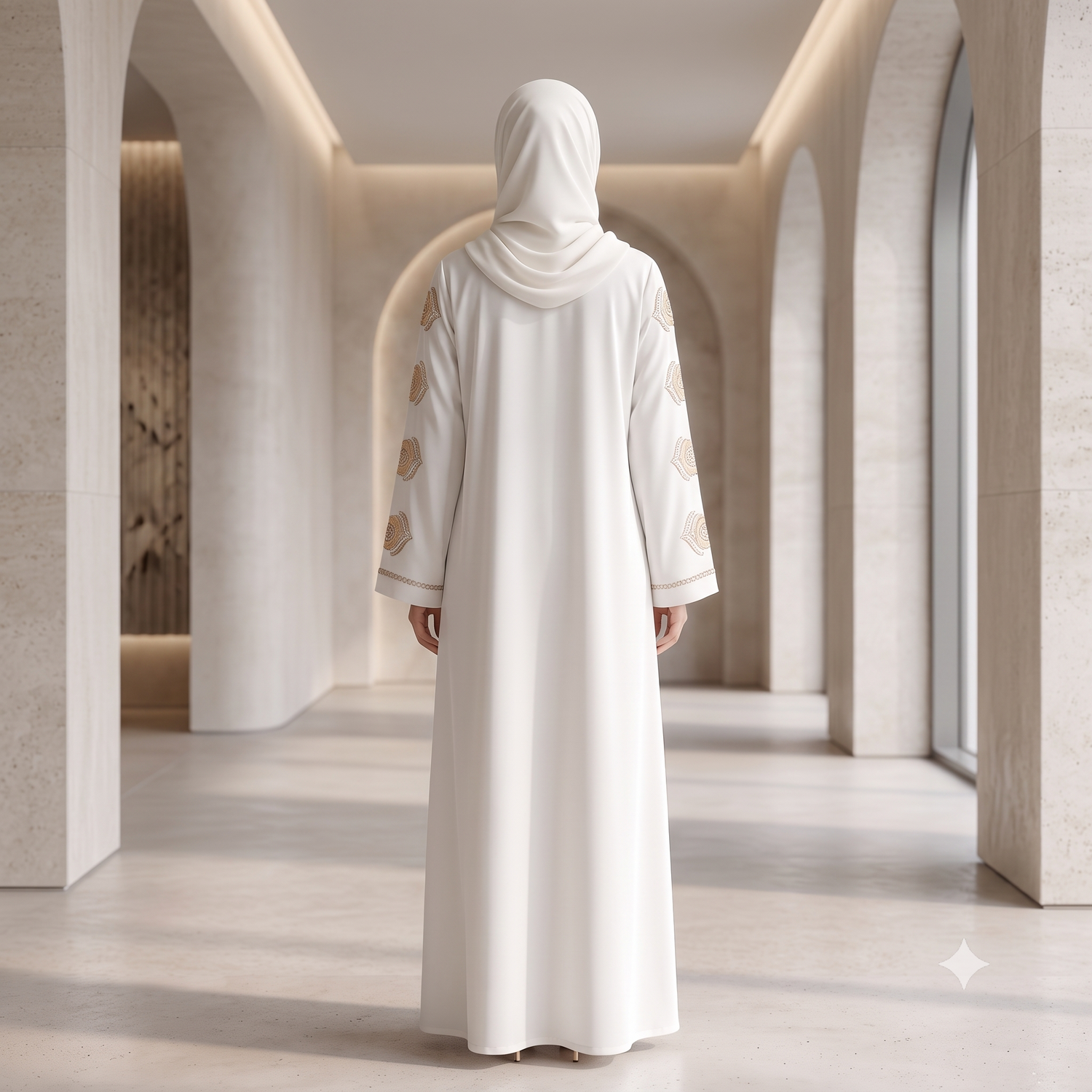 Luxury White Nida Abaya with Gold Embroidery & Crystal Handwork | A3B3-J6