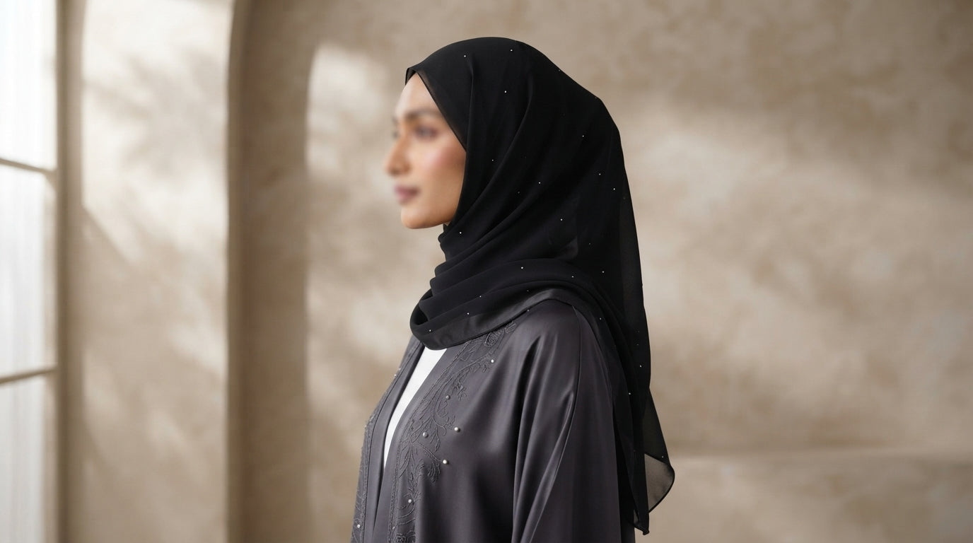 Premium Black Crystal Chiffon Hijab