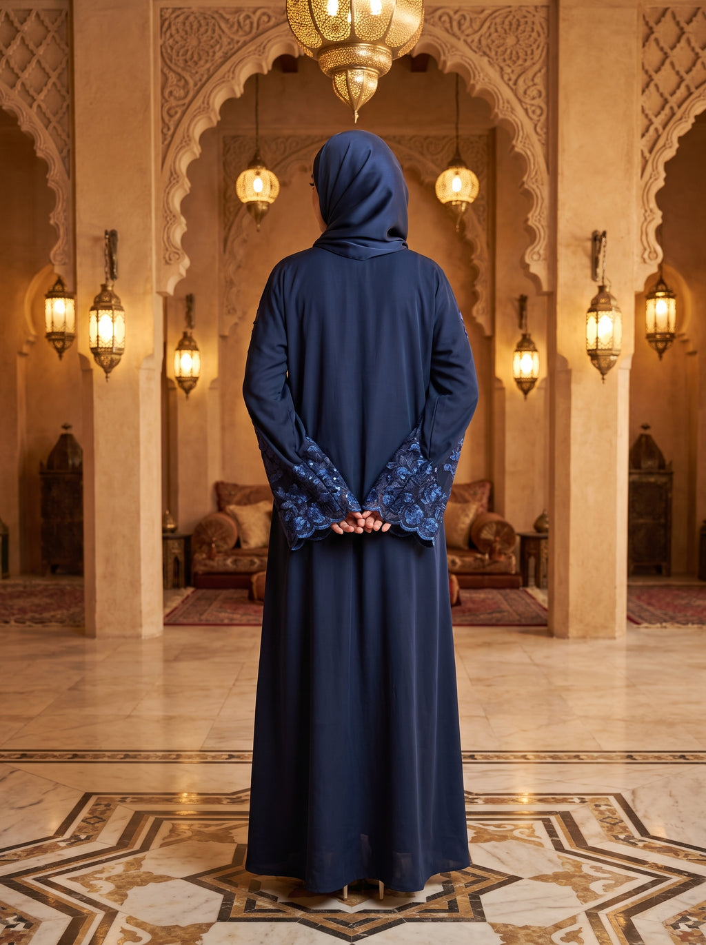 Miraal Navy Blue Embroidered Front Open Abaya