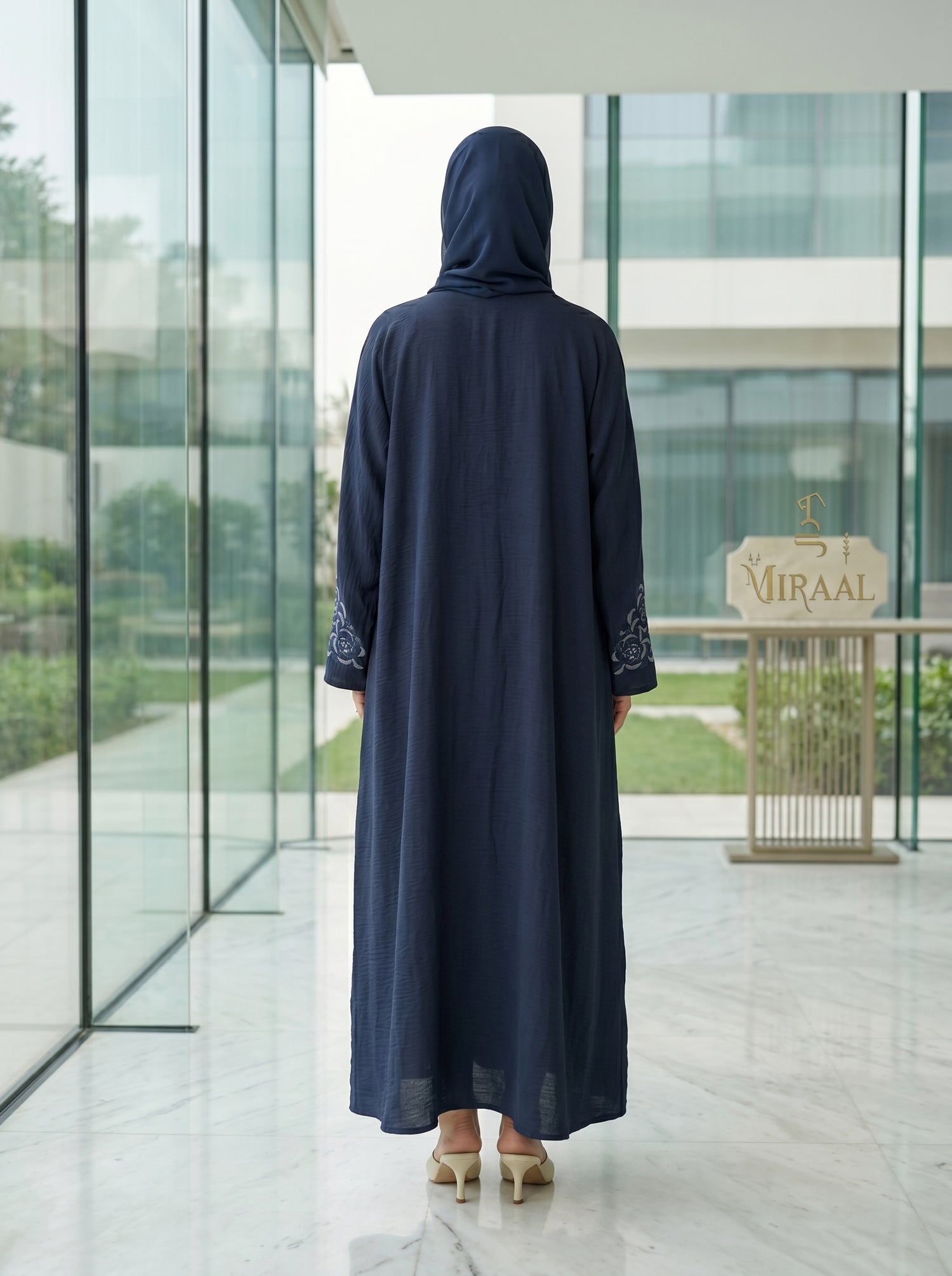 Navy Blue Embroidered Open Front Abaya