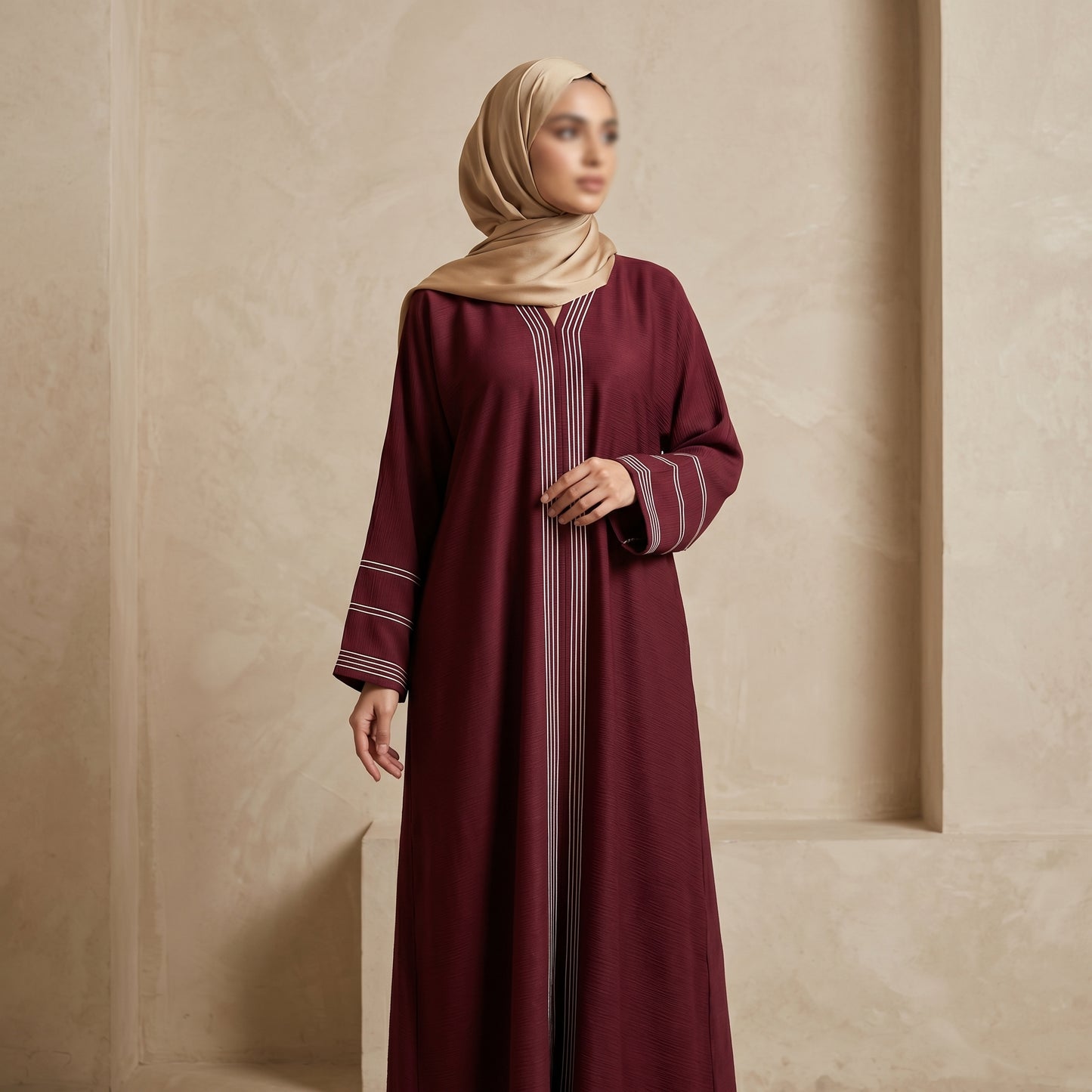 Deep Burgundy Multi-Stripe Trim Abaya | Classic V-Neck Modest Dress