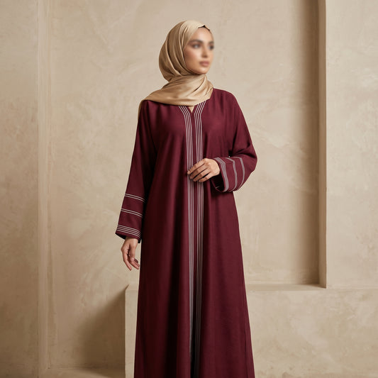 Deep Burgundy Multi-Stripe Trim Abaya | Classic V-Neck Modest Dress