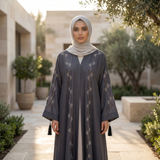 Charcoal Grey Embroidered Kimono Abaya | Tassel Cuff Outdoor Style