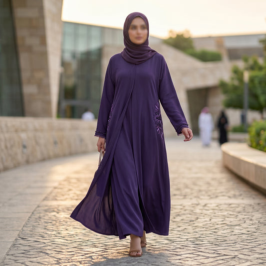 Royal Purple Open-Front Embroidered Abaya | Outdoor Modest Wear