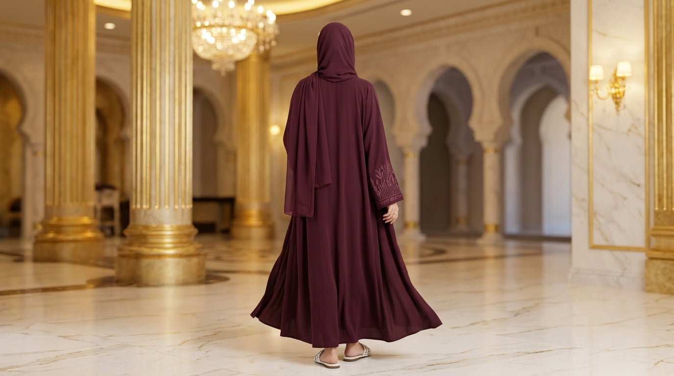 Plum Embroidered Abaya with Matching Hijab