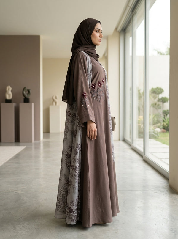 Mocha Floral Embroidered Abaya with Printed Overlay alternate view