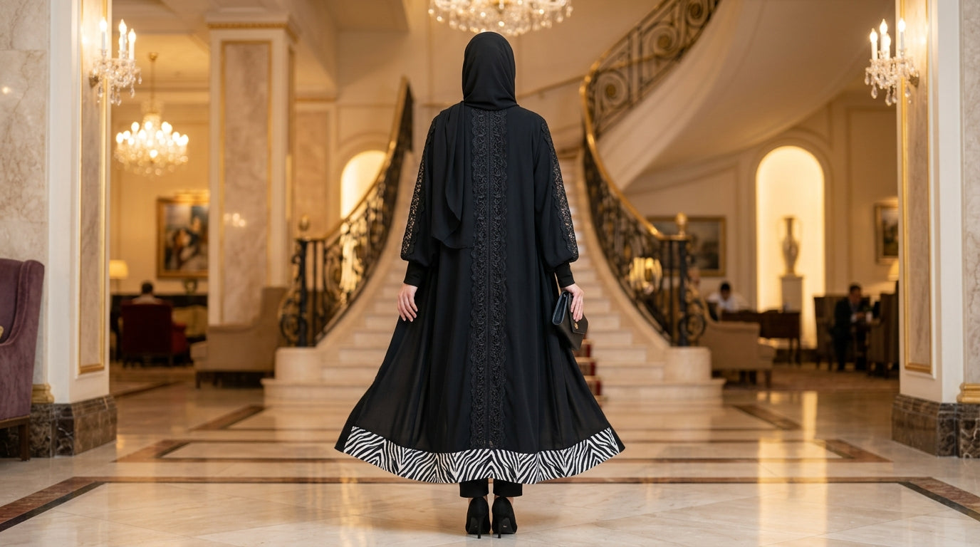 Black Abaya with Lace Trim & Zebra Print Hem