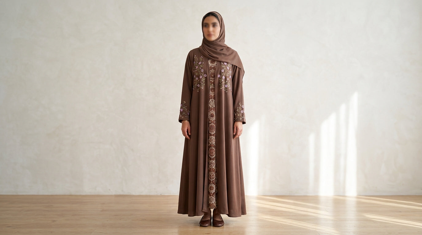Mocha Floral Embroidered Abaya with Printed Overlay
