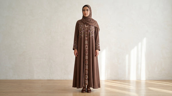 Mocha Floral Embroidered Abaya with Printed Overlay
