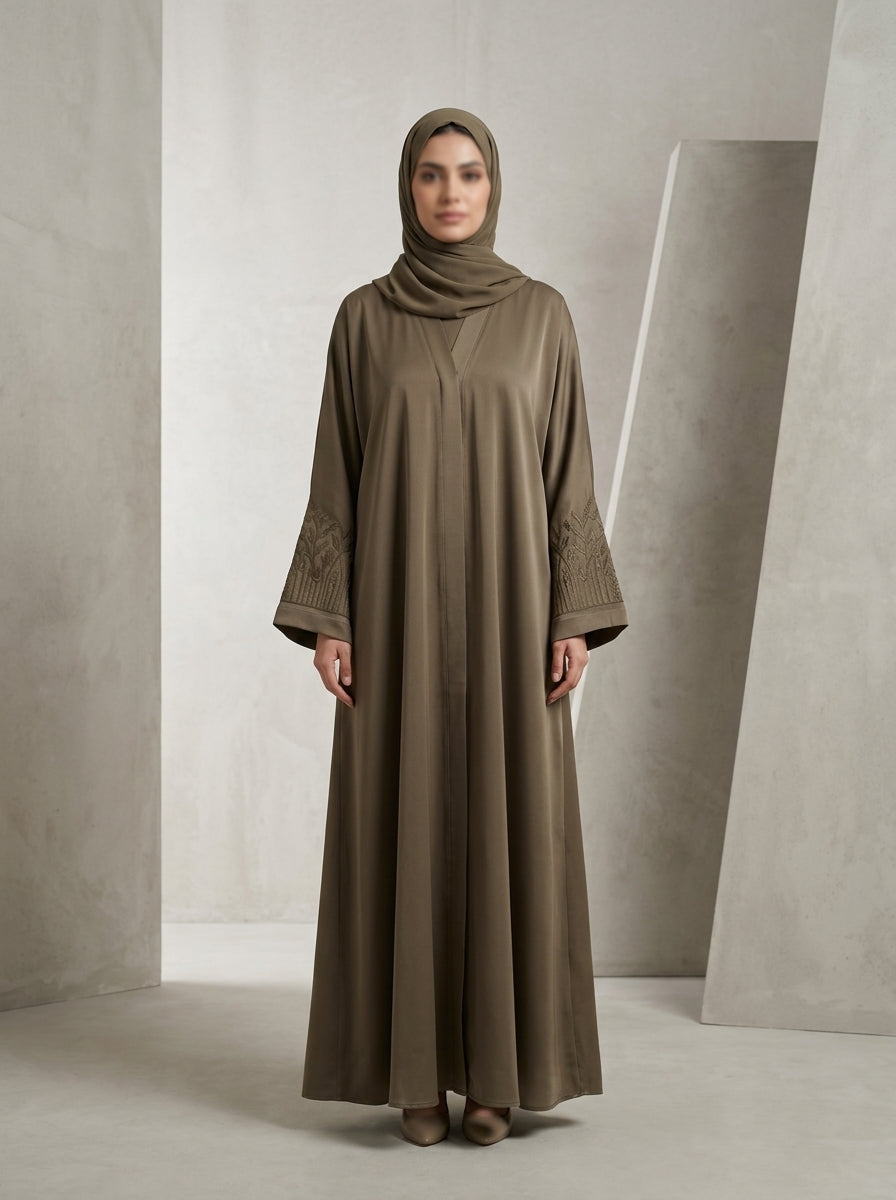 Olive Brown Embroidered Abaya with Hijab