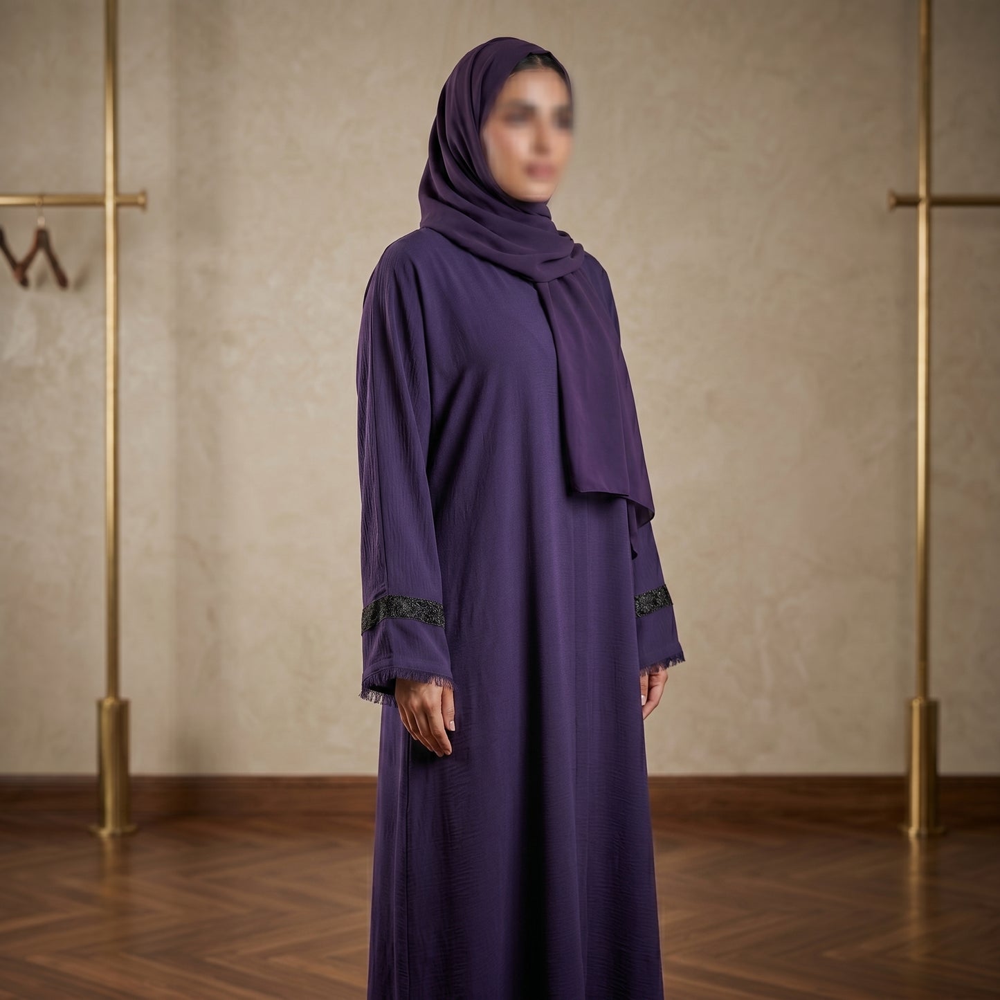Deep Purple Lace Cuff Fringe Abaya | Textured Crepe Modest Dress
