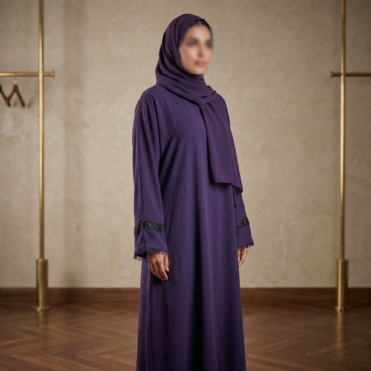 Deep Purple Lace Cuff Fringe Abaya | Textured Crepe Modest Dress