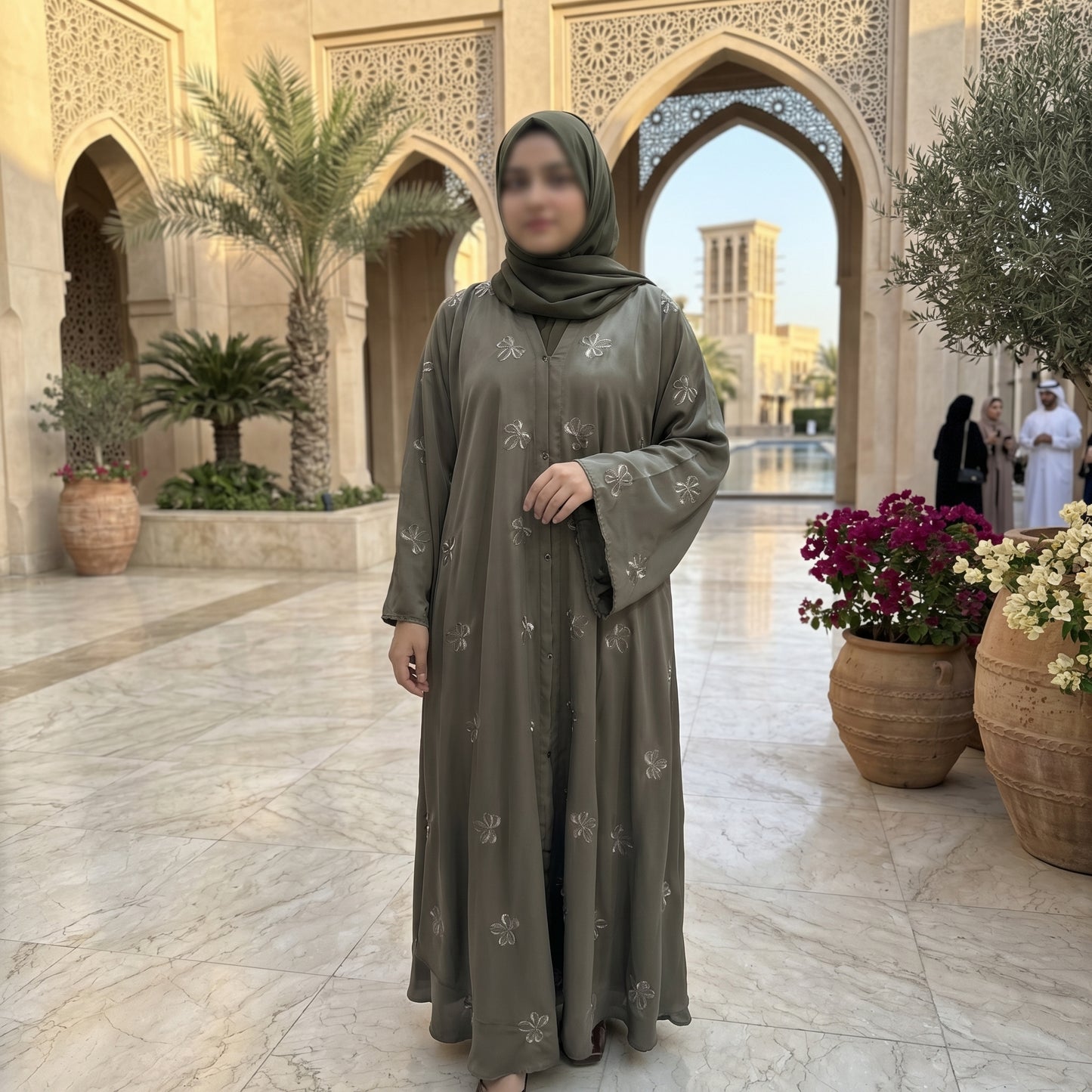 Olive Green Silver Floral Shimmer Abaya | Luxury Occasion Wear