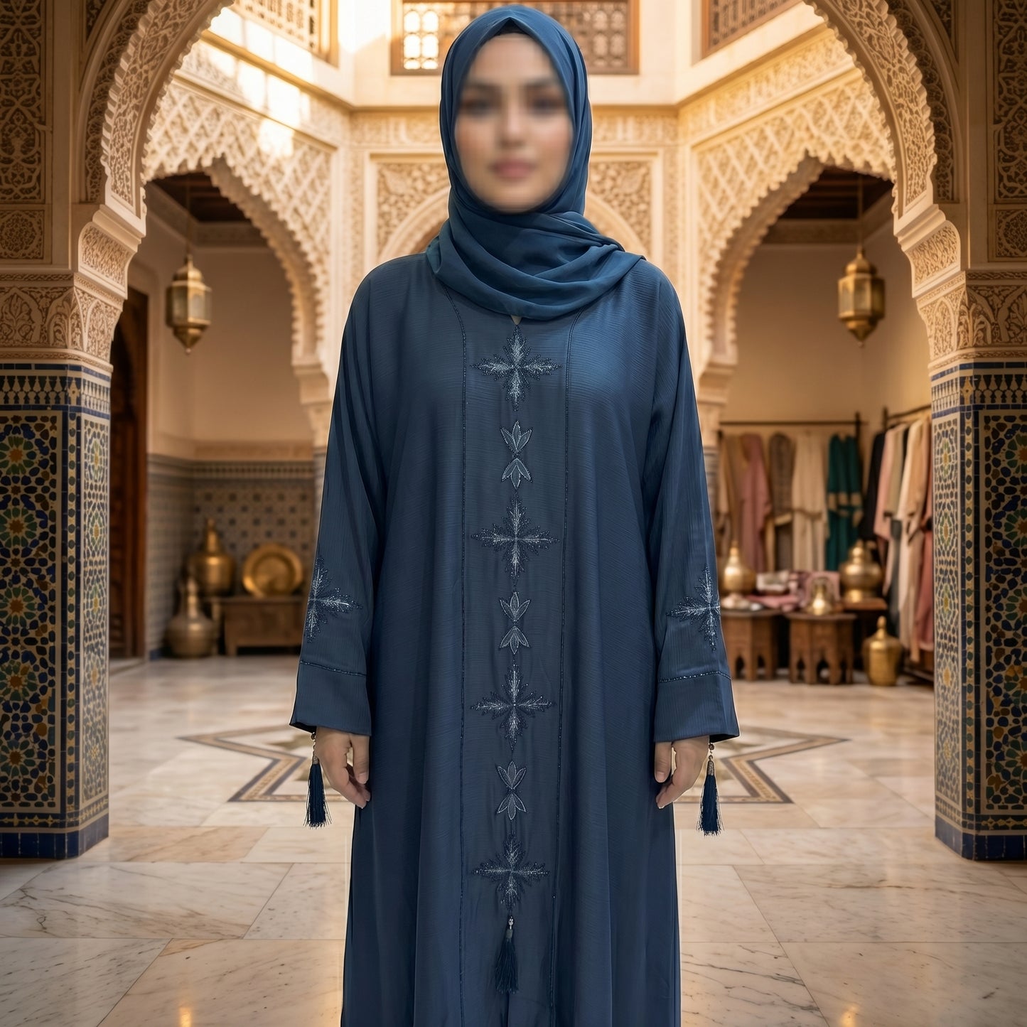 Steel Blue Cross Embroidered Abaya | Tassel Detail Moroccan Style